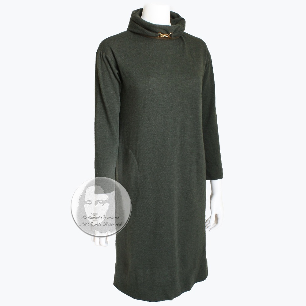 Bonnie Cashin for Sills Wool Knit Dress with Dog Leash Clasp Loden 60s Mod Sz 12